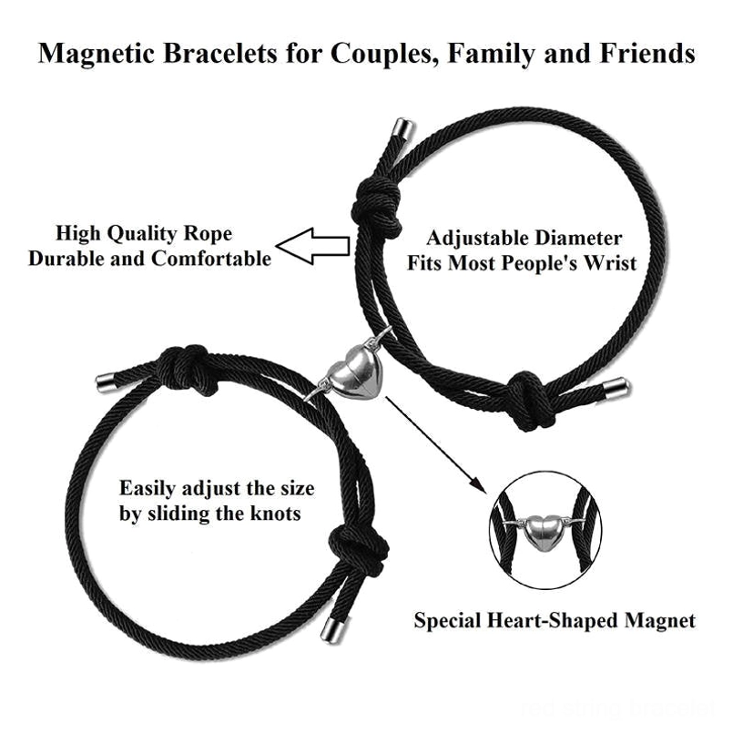 Medium turquoise magnetic couple red string bracelets, heart charm detail