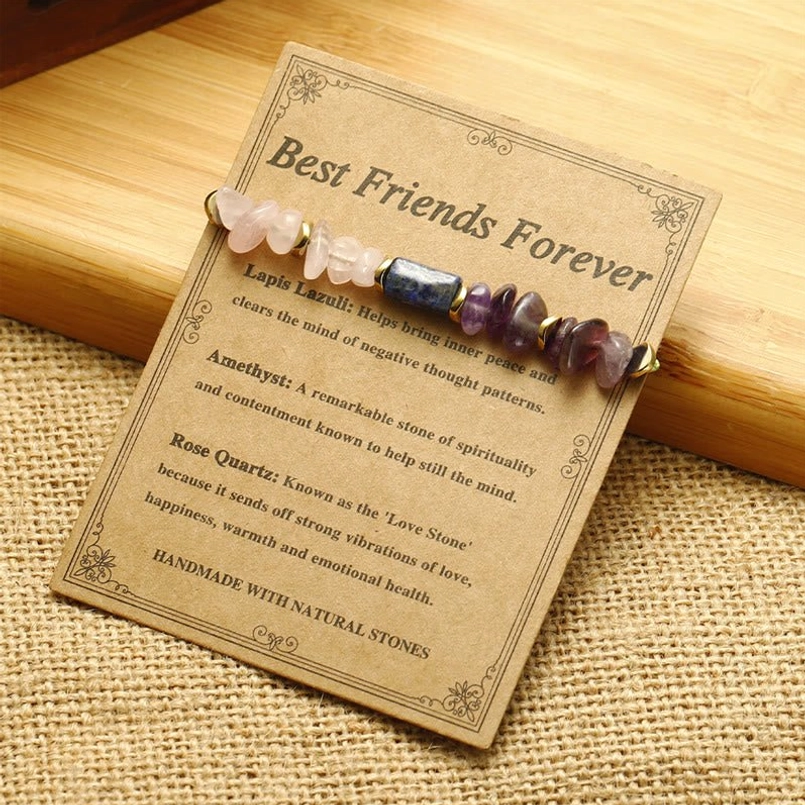 Best Friends Forever healing crystal bracelet on kraft tag with copper spacer beads and natural stone details