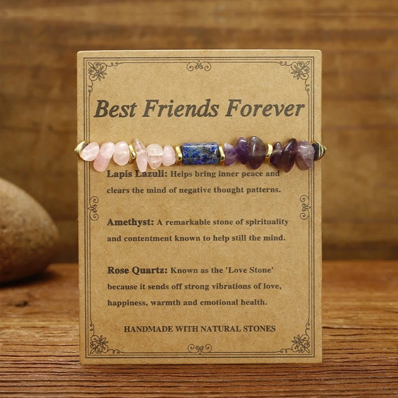 Handmade friendship crystal bracelet with natural gemstone chips and adjustable rope cord on display card
