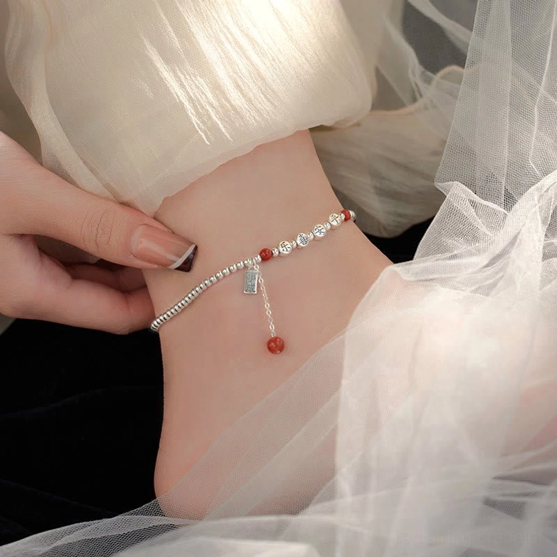 Dainty beaded blessing anklet with tiny engraved Chinese character beads and success charm detail