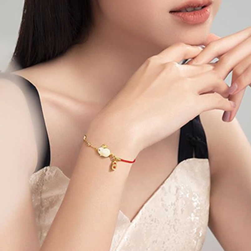 Slim fit rabbit red string bracelet side view on model's wrist