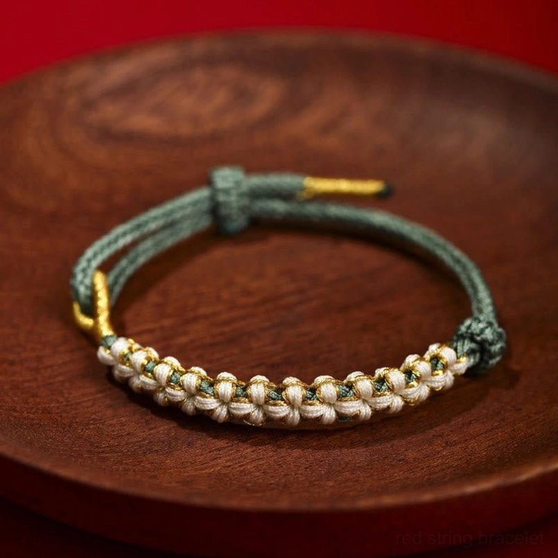Dark green Tibetan peach blossom knot braided red string bracelet with gold end caps