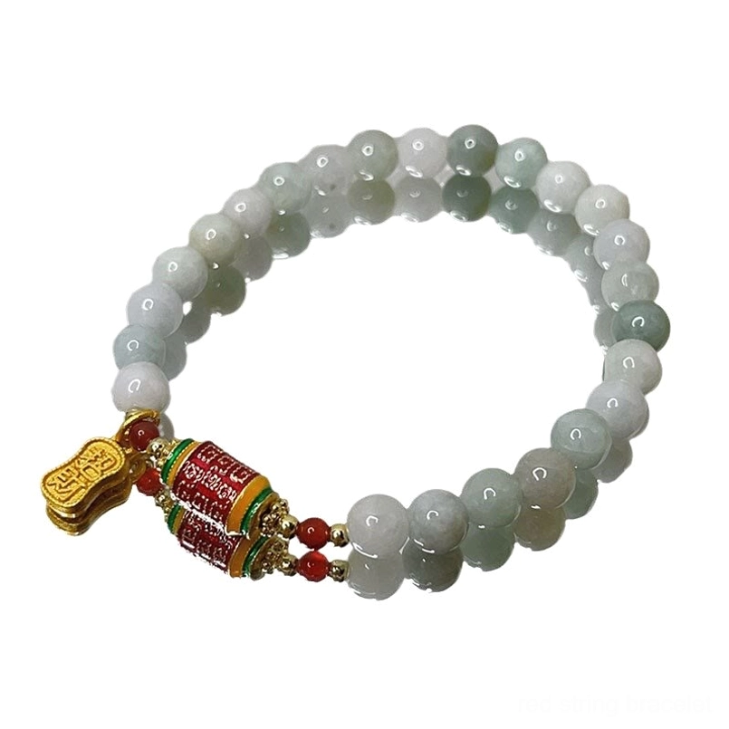 Dark Gradient Jade Bead Fu Prayer Wheel Red String Bracelet Flat Lay