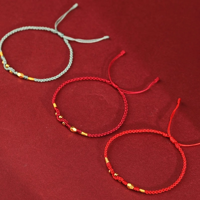 Dark red 999 gold mini three bead snake red string bracelet main view