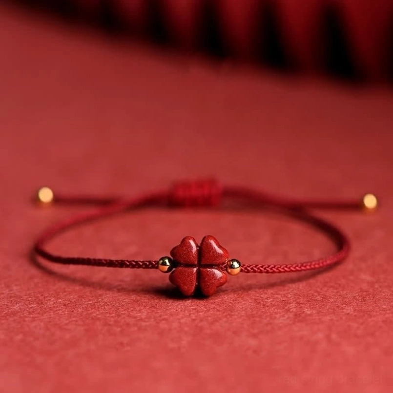 Dark red cinnabar four leaf clover string bracelet anklet natural material eco-friendly