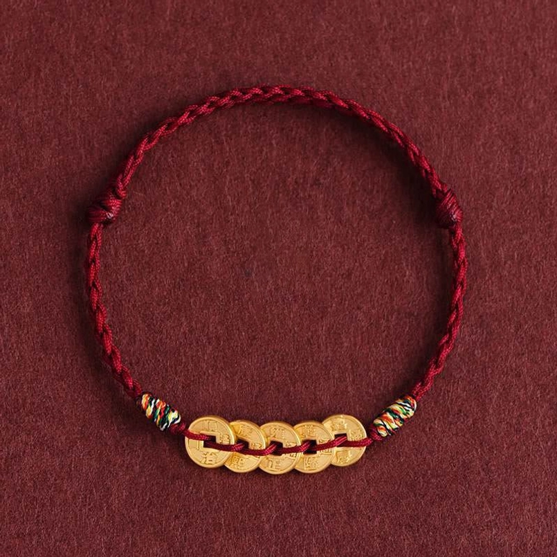 Dark red five copper coins braided string bracelet with ancient coin prosperity symbols