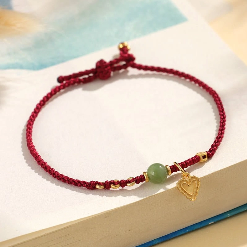 Dark red burgundy hetian jade luck bracelet with gold heart charm
