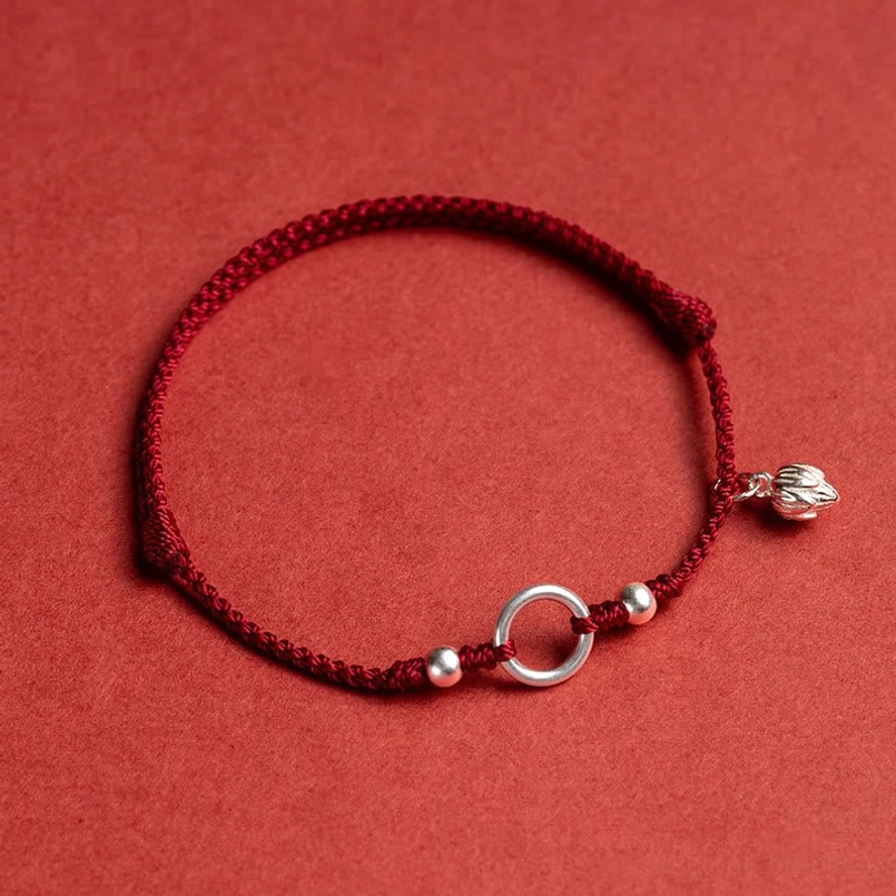 dark red 925 sterling silver lotus charm bracelet handmade cord