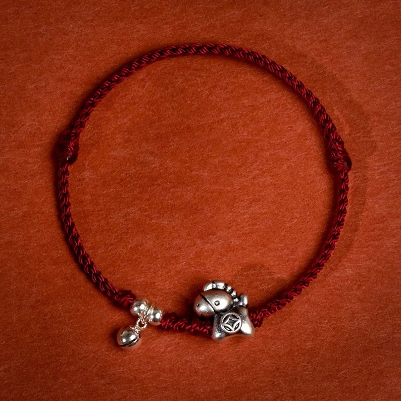 Dark red rope Year of the Horse sterling silver charm bracelet and anklet variant