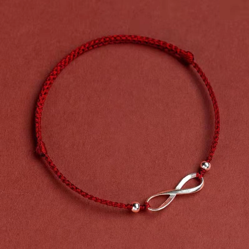 Dark red string anklet with endless knot silver charm for women men