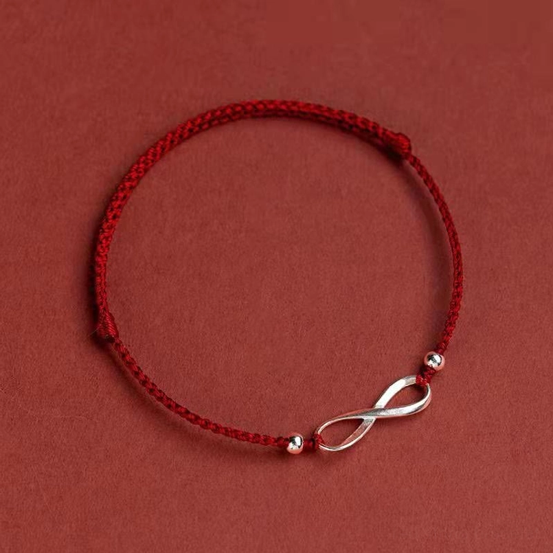 Dark red string bracelet with infinity knot silver charm wrist wear