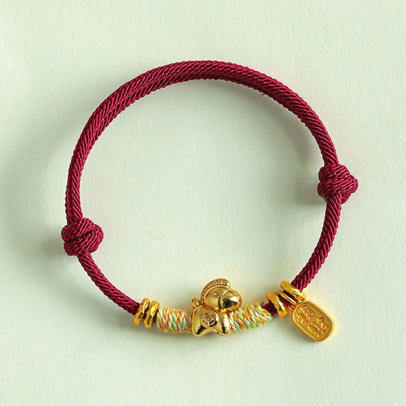 Dark red woven zodiac horse bracelet fortune tag dual adjustable knots