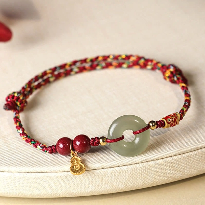 Dark red string Hetian Jade Peace Buckle protection bracelet front view