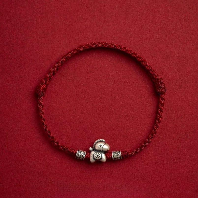 Dark red braided year of horse 999 silver red string bracelet