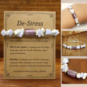 De-Stress Amethyst Blue Lace Agate Howlite healing bracelet flat lay with closeup stone details