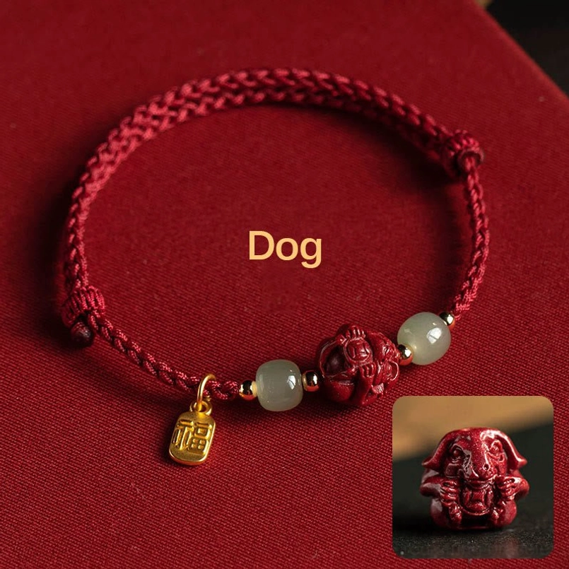 Dog zodiac cinnabar jade fu luck bracelet - handmade red string design