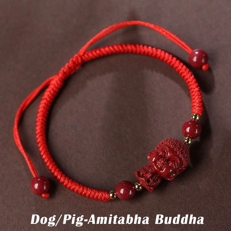 Dog Pig zodiac patron Amitabha Buddha cinnabar bracelet close-up