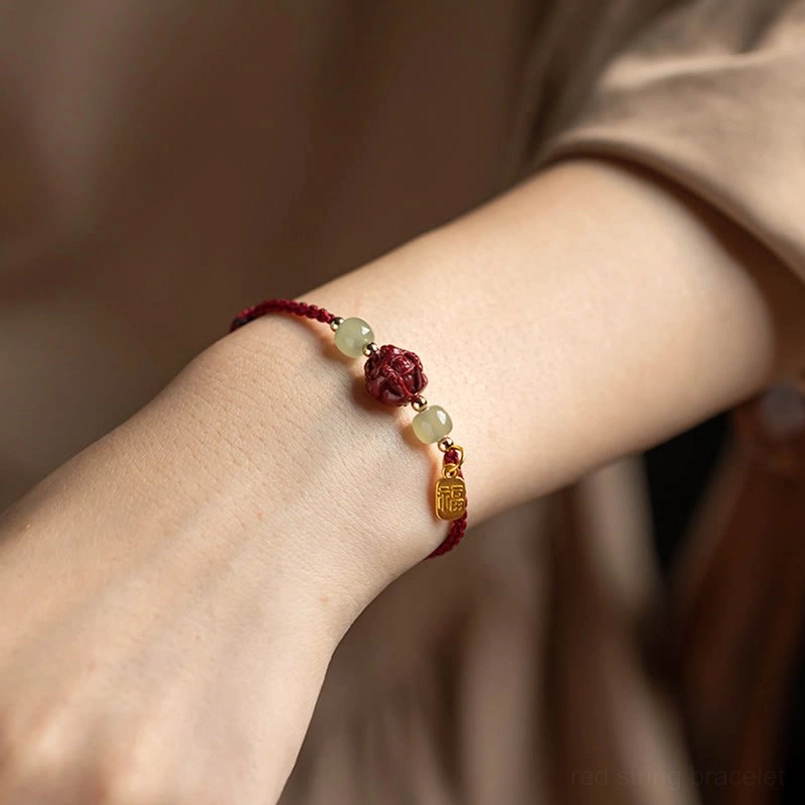 Dog zodiac cinnabar jade fu luck bracelet with red string - Chinese zodiac design