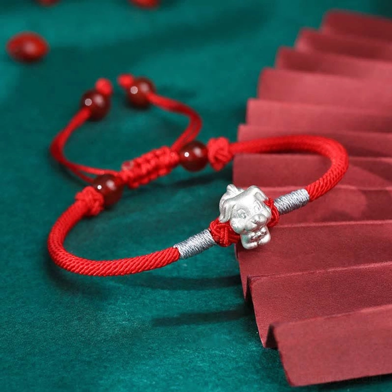 Dog zodiac sterling silver charm red string bracelet for loyalty and protection