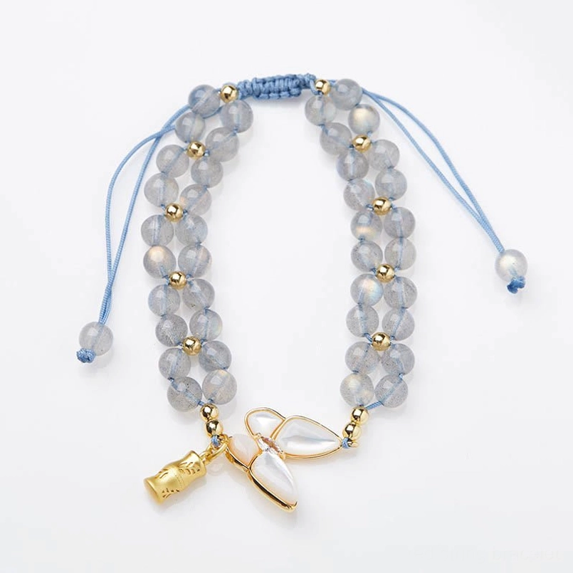 Double Layer Moonstone Butterfly Bamboo Charm Bracelet Full Product Display