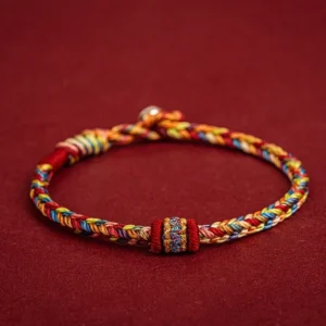 Handmade multicolor Dragon Boat Festival lucky red string bracelet with decorative knot closure on wine red fabric