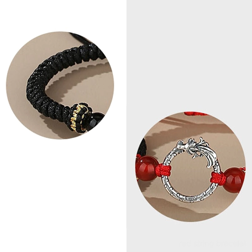 Dragon phoenix bracelet with natural stone beads - woven cord and silver charm