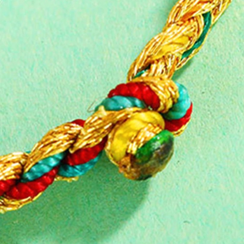 Dragon scale braid texture detail showing herringbone twisted pattern with gold red and blue colors