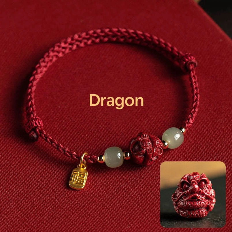 Dragon zodiac cinnabar jade fu luck bracelet with red string - Chinese zodiac design
