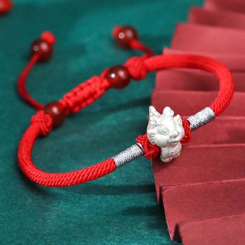 Dragon zodiac silver charm red string protection bracelet for luck and fate