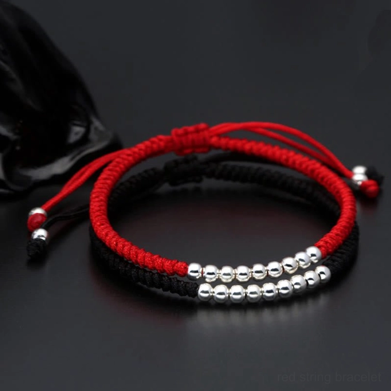 Double strand dual color red black lucky bracelet with sterling silver beads