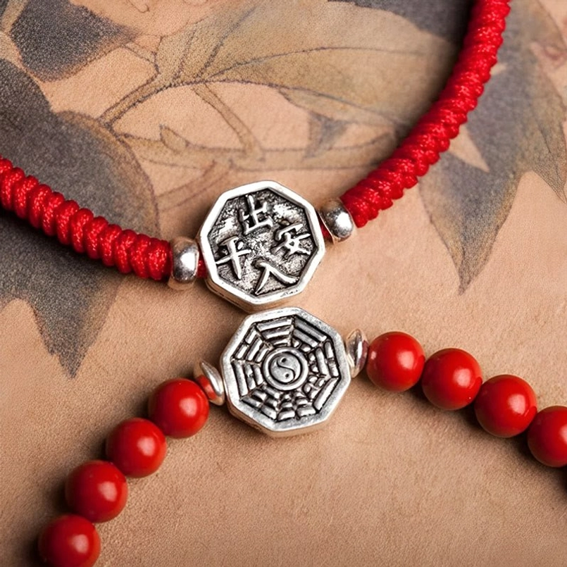Two styles of red string bracelets with bagua and cinnabar beads on vintage paper