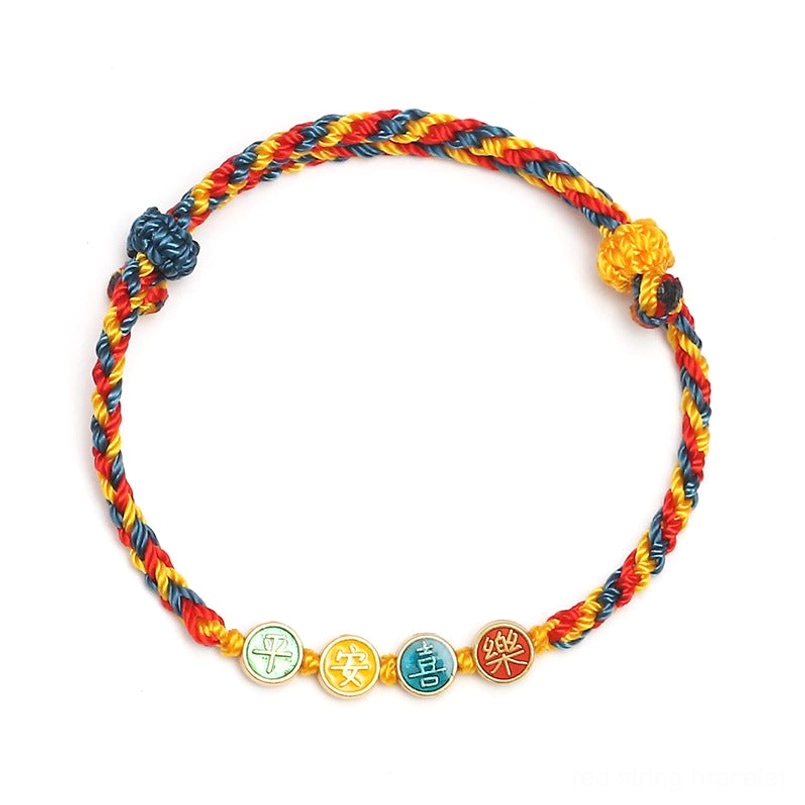 Artisan-crafted Dunhuang bracelet featuring tri-color braided cord with Chinese character enamel charms