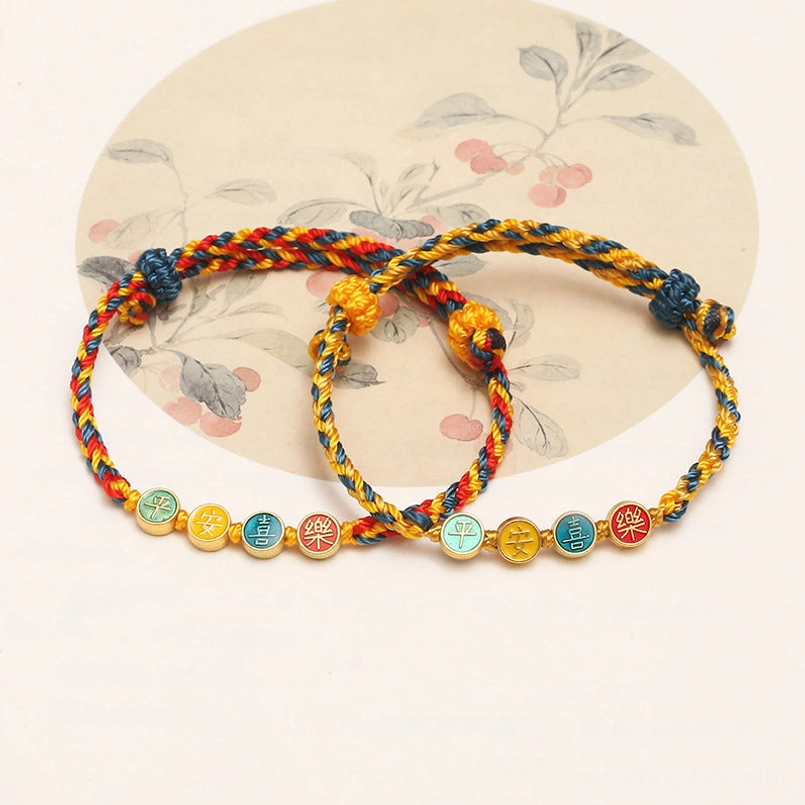 Colorful Dunhuang handmade peace and joy bracelet with multicolor rope and protective enamel charms