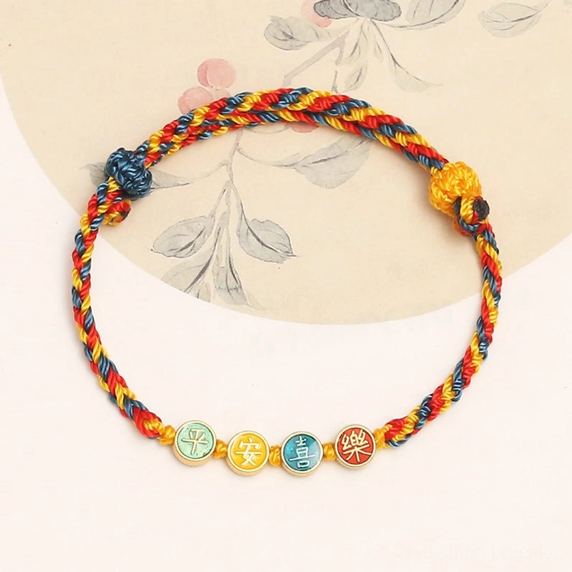 Dunhuang peace and joy handmade bracelet with vibrant braided cord and spiritual enamel pendants