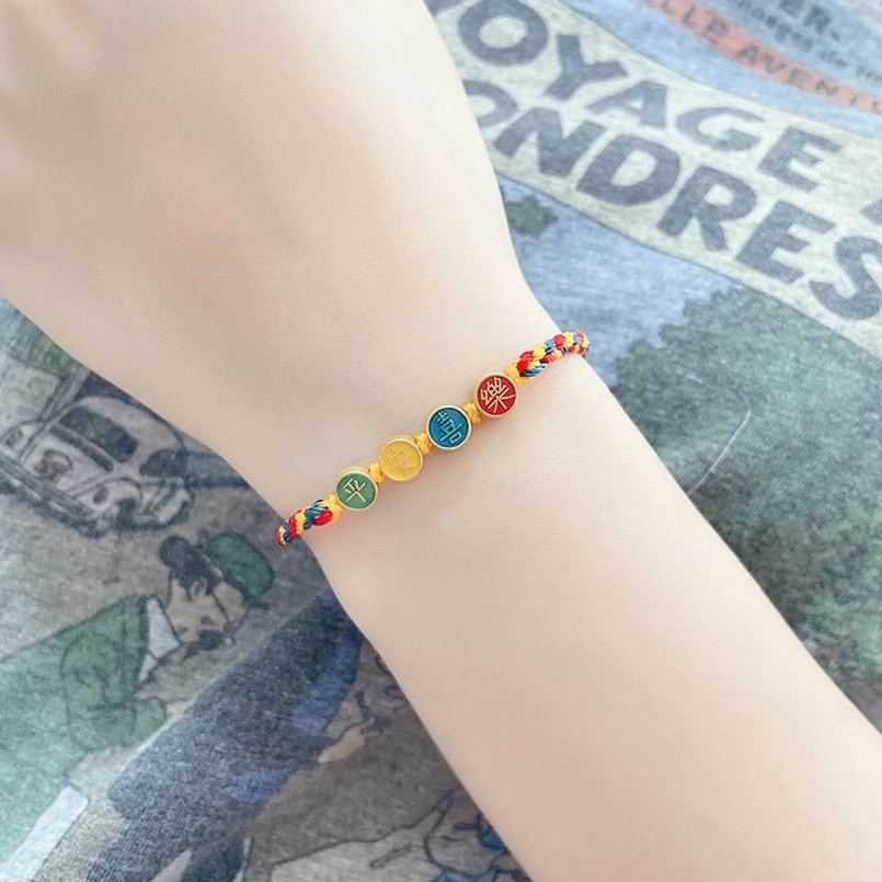 Dunhuang protection bracelet worn on wrist - slim tri-color braided rope with spiritual charm pendants