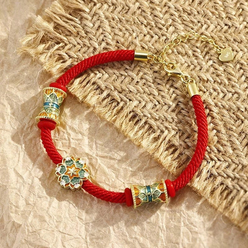 Dunhuang red string bracelet with 925 silver lotus drum charms adjustable extension chain