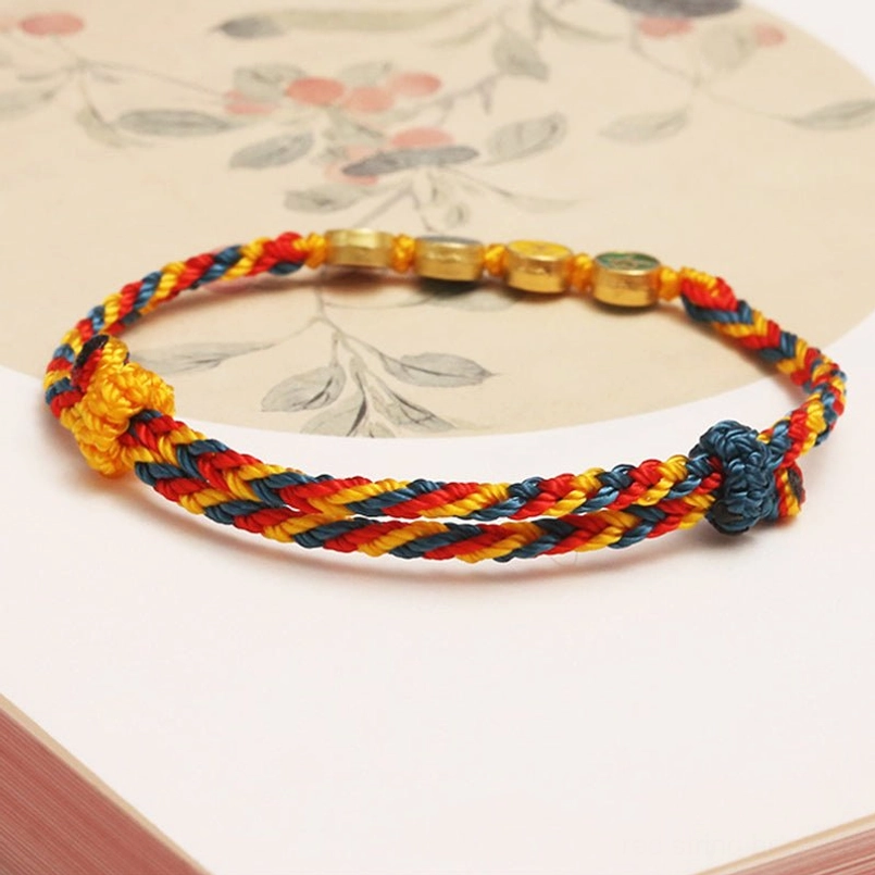 Minimalist Dunhuang string bracelet with twisted tri-color rope and metal charm details