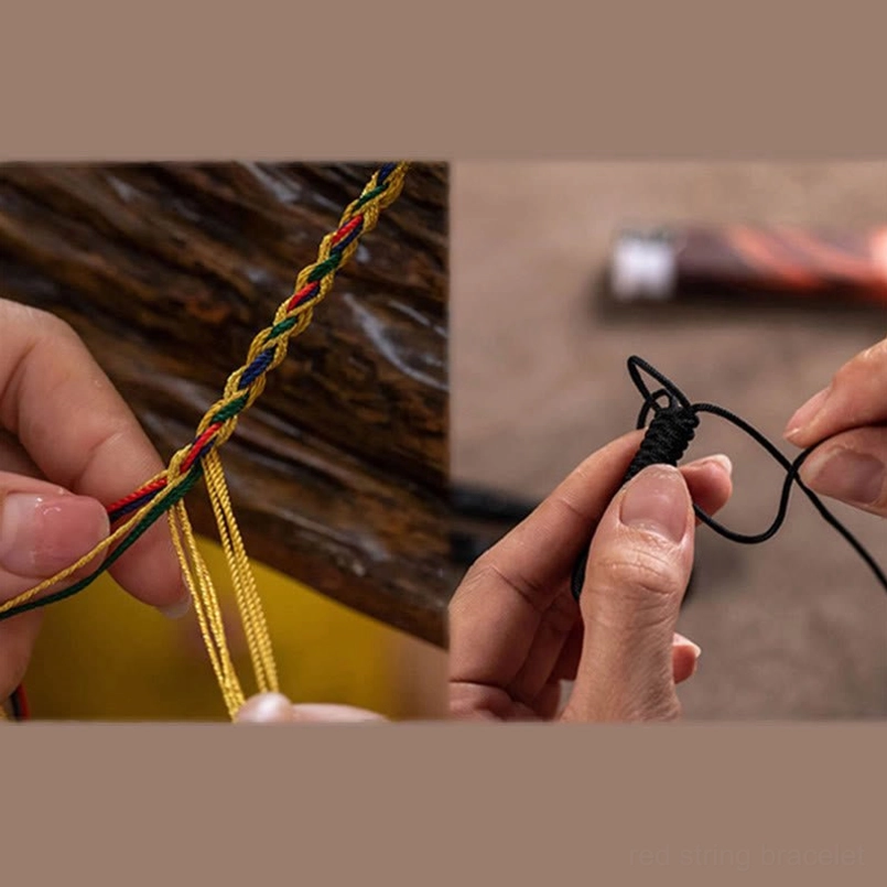 Tibetan bracelet knotting and braiding tutorial close-up with colorful and black craft cords