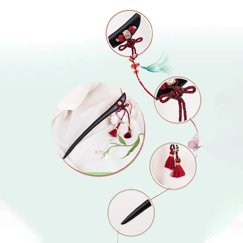Ebony tassel hairpin multi-angle product display showing structure