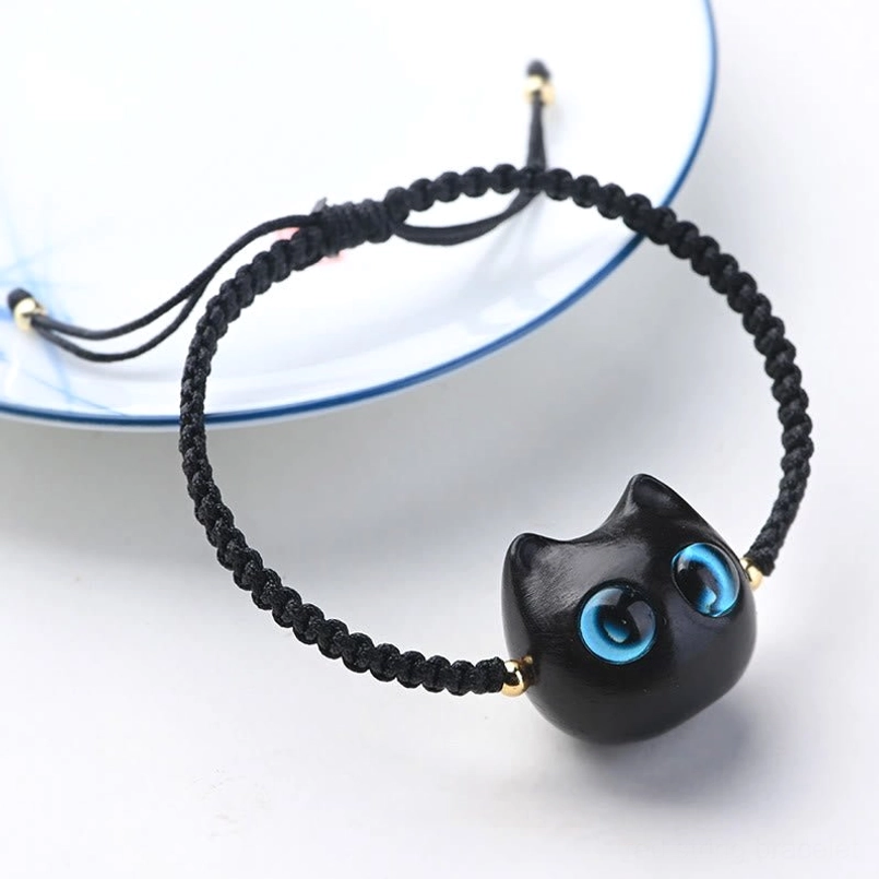 Ebony wood cat charm bracelet balance calm spiritual protection