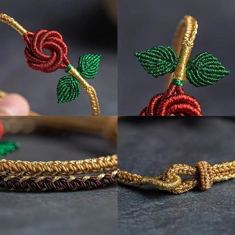 Macro close-up of handmade eight thread peace knot bracelet showing braided rope and woven clasp