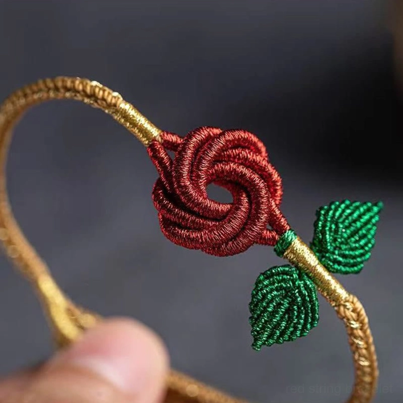 Tibetan eight thread peace knot red rose bracelet with protective spiritual symbolism