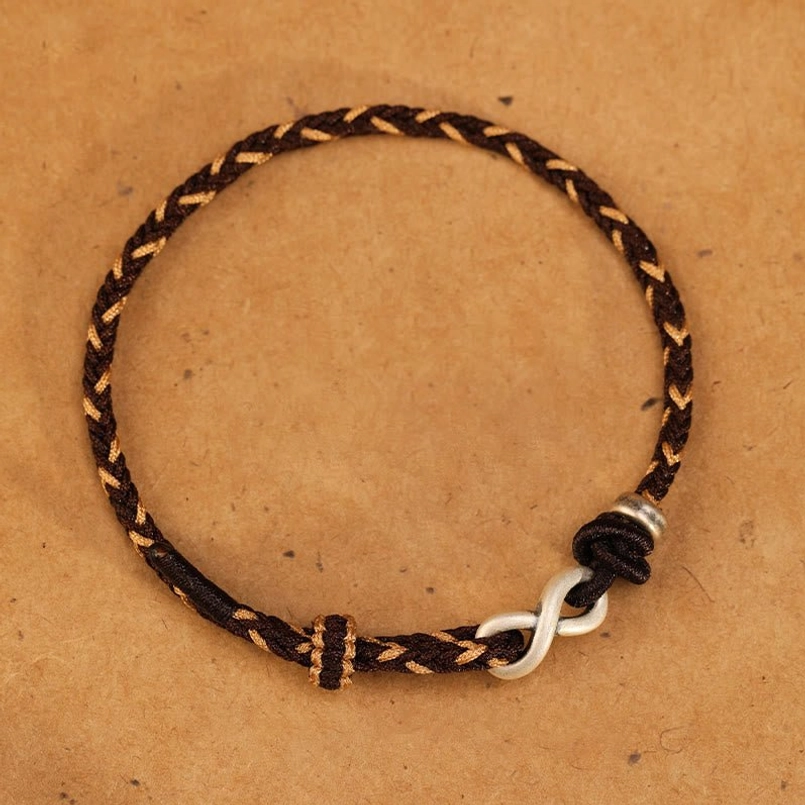 Brown and chocolate endless knot bracelets with handwoven rope and sterling silver charms