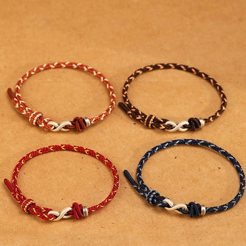 Sterling silver infinity knot bracelets in multiple colors - red, blue, brown and chocolate