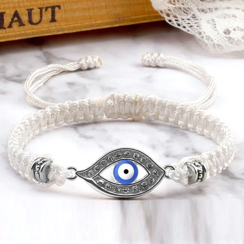 Red pink evil eye protection bracelet with silver tone border
