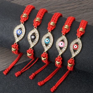 Evil eye red string bracelets collection with multiple color variations and rhinestone accents