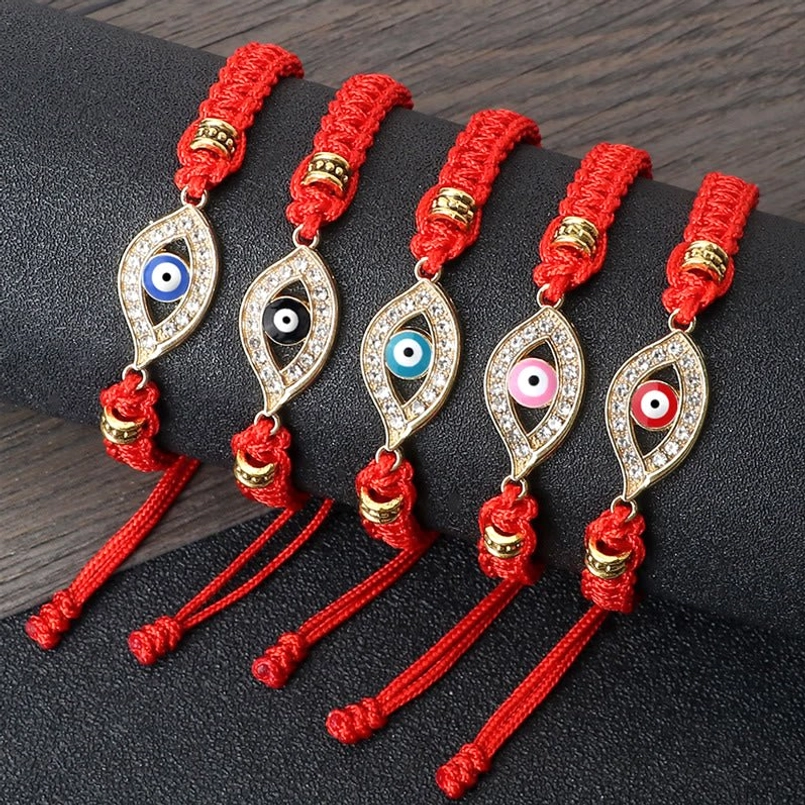 Evil eye red string bracelets collection with multiple color variations and rhinestone accents