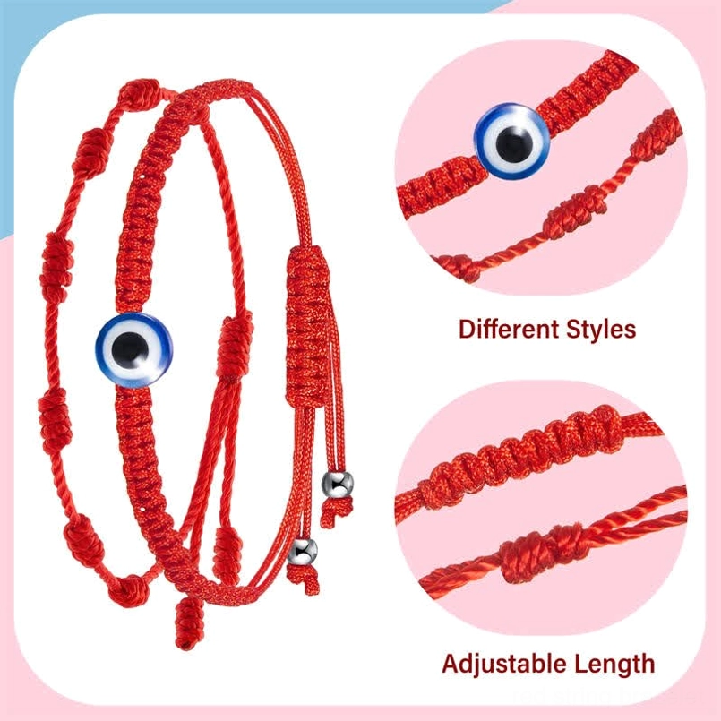 Evil eye and seven knot red string bracelets detail showcase with adjustable features