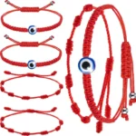 4-piece evil eye and seven knot red string protection bracelet set flat lay display