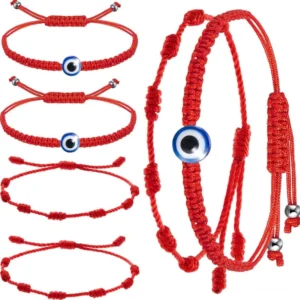 4-piece evil eye and seven knot red string protection bracelet set flat lay display